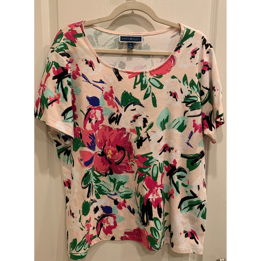 Karen Scott Floral‎ Print Top Short Sleeve Crew Neck Blouse 1X